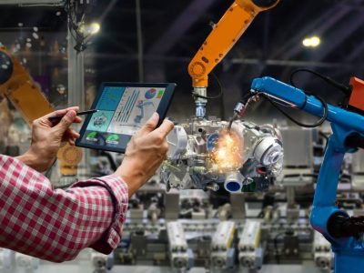 Man using a tablet in a manufacturing plant, controling robotic arms for production